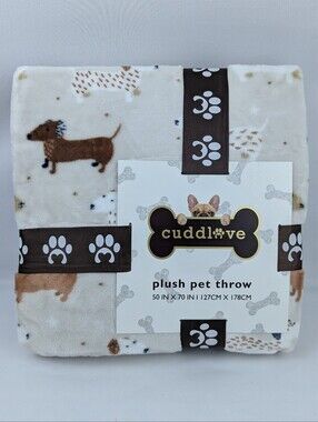 Dachshund Doxie Print Plush Pet Throw Oatmeal Browns Black White 50" x 70" NWT